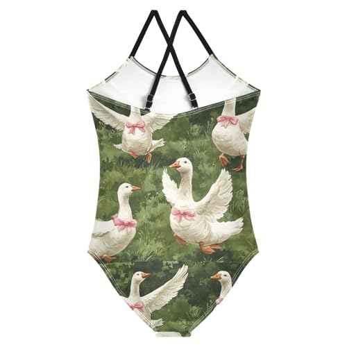 Pigsaly Girls One Piece Swimsuits Watercolor White Goose Pink Bows Kids Cross Back Swimwear Beach Sport Bathing Suit 3T2