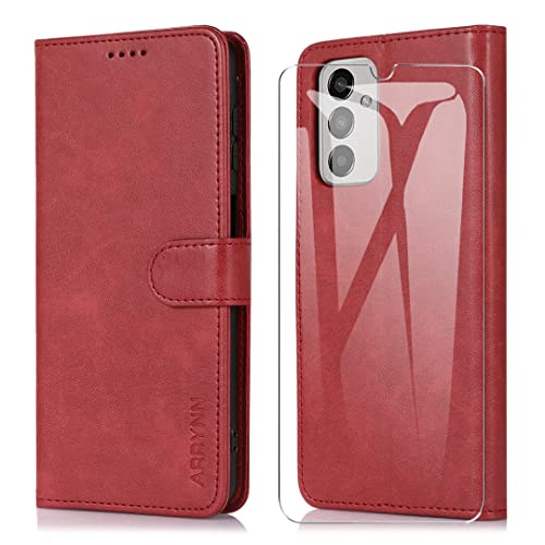 ARRYNN Funda Samsung Galaxy M13 4G (6.6') con Cristal Templado Protector de Pantalla,Premium PU Funda de Cuero Cover - Rojo