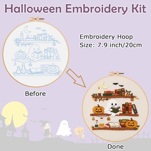 Image of Nuberlic Halloween Ghost Reading Embroidery Kit for Beginners | Easy Spooky Bookshelf Design, Cross Stitch, Complete Starter Kit with Hoop, Pre-Printed Fabric, Threads & Needles