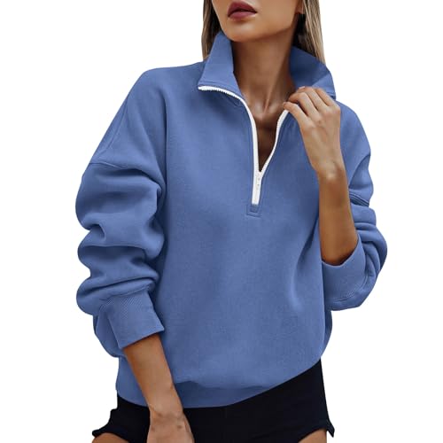 Womens Half Zip Sweatshirt Solid Casual 1/4 Zip Pullover Tops Autumn Winter Cosy Jumpers Ladies Sweaters Quarter-Zip Fleece Sweatshirt with Pockets Knitwear Fashion Casual Long Sleeve Top Blue