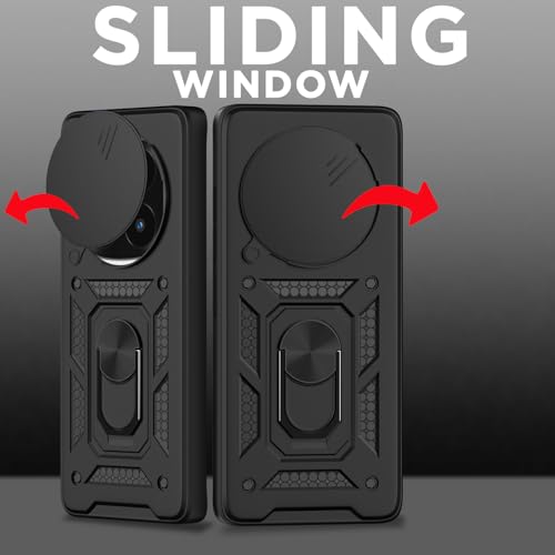 Image of Pikkme Back Cover for Redmi Note 14 Pro Plus 5G | D10 Tough Armor | 360 Protection Case | Sliding Camera Shield Cover & Ring Holder Stand Bumper Case (Black)