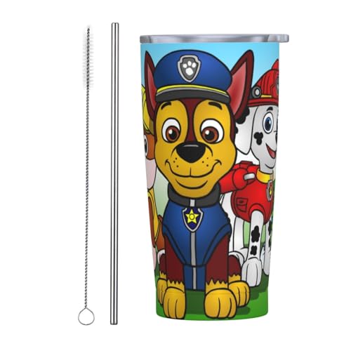 パウ・パトロール アニメ ストロー&ストローブラシ付き マグカップ コーヒーカップ 600ml コンビニカップ タンブラー ステンレス製 保冷 保温 車用 蓋付き 持ち運び 水筒 大容量 直飲み キャラクター 人気 プレゼント