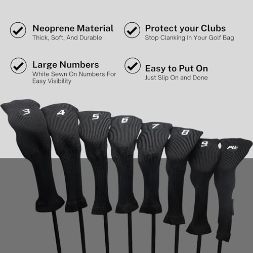 All Hybrid Head Cover Golf Club Black Sleek Tight Fit Headcover Set 3-PW Acrylic Head Covers 3 4 5 6 7 8 9 PW Easy to See Large White Embroidered Numbers - Image 6