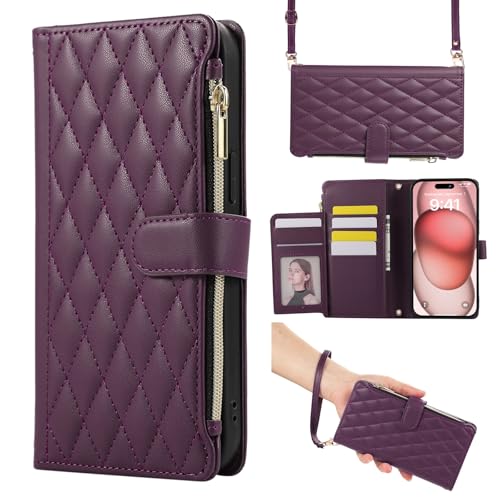 Étui iPhone 14 Pro violet foncé portefeuille cuir rabat zippé
