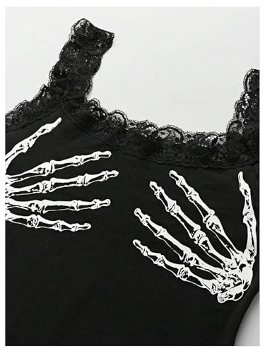 SweatyRocks Women's Skeleton Print Goth Tank Tops Lace Sleeveless Slim Fit Rave Knit Tops2