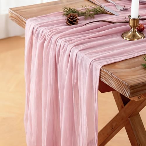 Mkobon Cheesecloth Table Runner, 120 Inch 10 FT, Dusty Pink