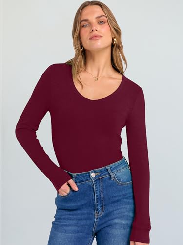 Image of ANRABESS Long Sleeve V Neck Shirts for Women | Soft Comfy Ribbed Knit Fitted Tshirts, Casual Going Out Tops, 2026 Trendy Basic, Fall Winter Underscrub Layering Clothes