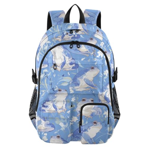 Mochila de viaje grande azul cielo con sapo de dibujos animados para campus y escapadas