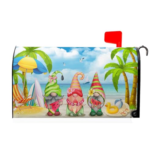Image of Hello Summer Gnomes Mailbox Cover Magnetic Large Size 25.5 x 21 Inch Summer Tropical Farmhouse Decorative Mailbox Wraps Magnetic Beach Post Letter Box Cover for Home Garden Yard