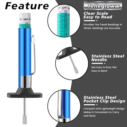Image of Tellegloww 50 Packs Tire Tread Depth Gauge Color Coded Tyre Depth Gauge Tool Tread Accurate Measure Tools Metric Gauges for Car Trucks Various Vehicle(Blue)