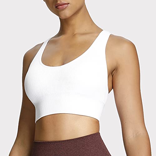 Aoxjox Women's Workout Ribbed Seamless Sports Bras Fitness Running Yoga Crop Tank Top (White, Medium) #TOP2