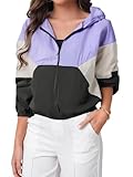 Picture of SweatyRocks Women's Casual Color Block Drawstring Hooded Windbreaker Jacket Purple Grey Black XS