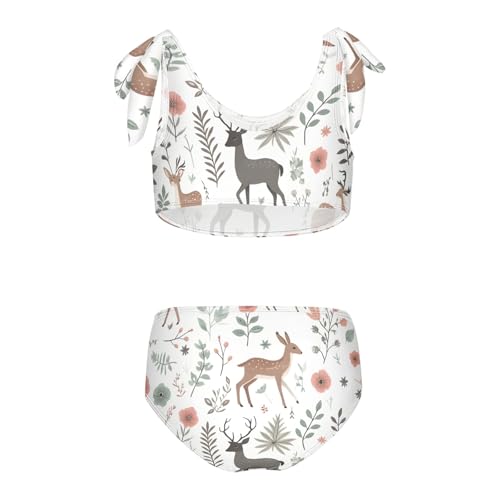 Girls' Bikini Set, Deers Floral Elements Branches Kids Swimsuit 2 Pcs Beach Bathing Suit2