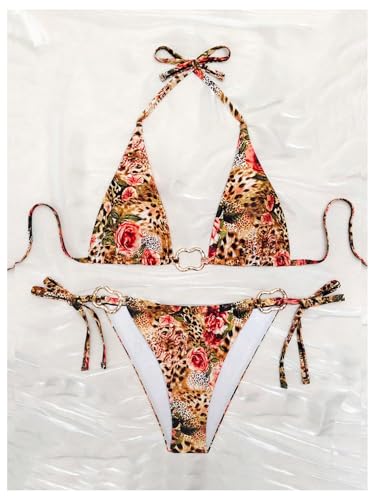 WDIRARA Women's Plus Size 2 Piece Leopard Floral Bikini Sets Ring Linked Triangle Halter Bathing Suit Tie Back Swimsuits2