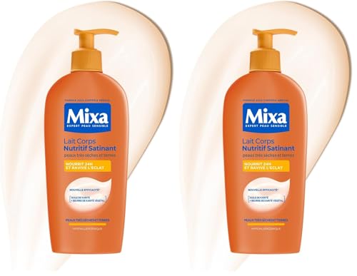 MIXA - Lait Corps Nutritif Satinant - Nutrition Intense & Éclat Naturel - Huile & Beurre de Karité Végétal - Peaux Mates à Foncées, Sèches et Sensibles - 400ml...