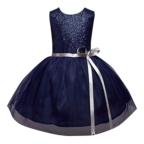 Image of Hopscotch Baby Girls Polyester Blend Sequins Sleeveless Dress Frock with Lace Bow Applique in Navy Color