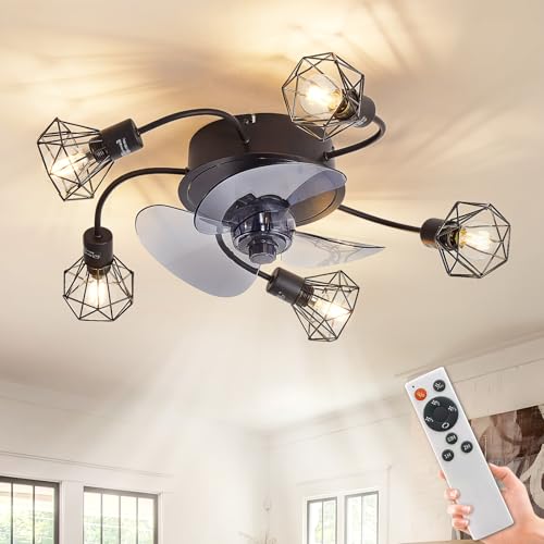 Depuley Modern Ceiling Fans with Spotlights: Black 21.7" Metal Cage Shade Spotlight with Fan for Bedroom - 5*E14 Bulbs and Fan Combo with Remote Control Reverse Quiet DC Motor Timer