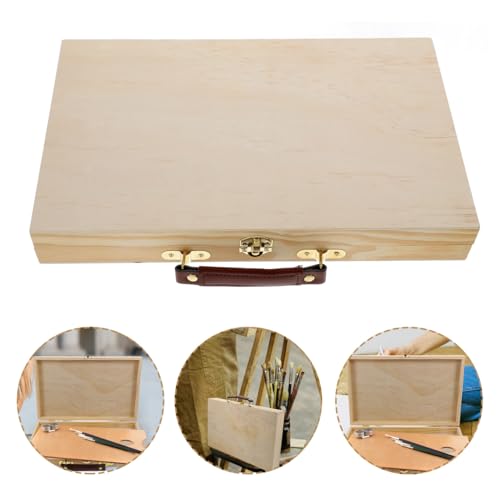 Image of Wakauto 1pc Unfinished Wood Drawing Art Tool Storage Box With Handle Locking Clasp,Wooden Pencil Sketch Supplies Case Organizer Box For Holds Markers, Paint, Brushes, Pencils