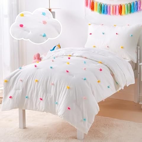 4 Piece White Boho Toddler Bedding Sets for Girls Colorful Pom Pom Comforter Set Jacquard Tufted Dot Crib Bed Sheets Set for Baby Bed in a Bag, Include Comforter, Flat Sheet, Fitted Sheet, Pillowcase Cover