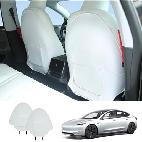Arcoche Leather Seat Back Protector for Tesla Model Y 3 S X Seat Cover Accessories for Kid Kick Mat（White Cover