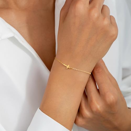 Turandoss Gold Cross Bracelets for Women - 14K Gold Plated Satellite Bead CZ Pearl Holy Mary Medal Cross Bracelet Dainty Bracelets for Women Faith Jewelry Christian Baptism Religious Gifts3