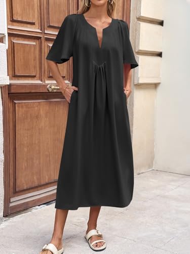 Image of Wenrine Womens Casual Maxi Dress Short Sleeve Loose Flowy Summer Dresses | flutter sleeve, v neck, loose fit, slit, long summer dress, beach, vacation