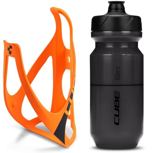 Cube HPP Cage - Matt Orange/Black & Flow Bottle - Black, 500ml / Water Drink Flask Vessel Bidon Holder Mount Bracket Kit Lightweight Plastic Drinking Hydration Biking Bike Riding Frame Accessories