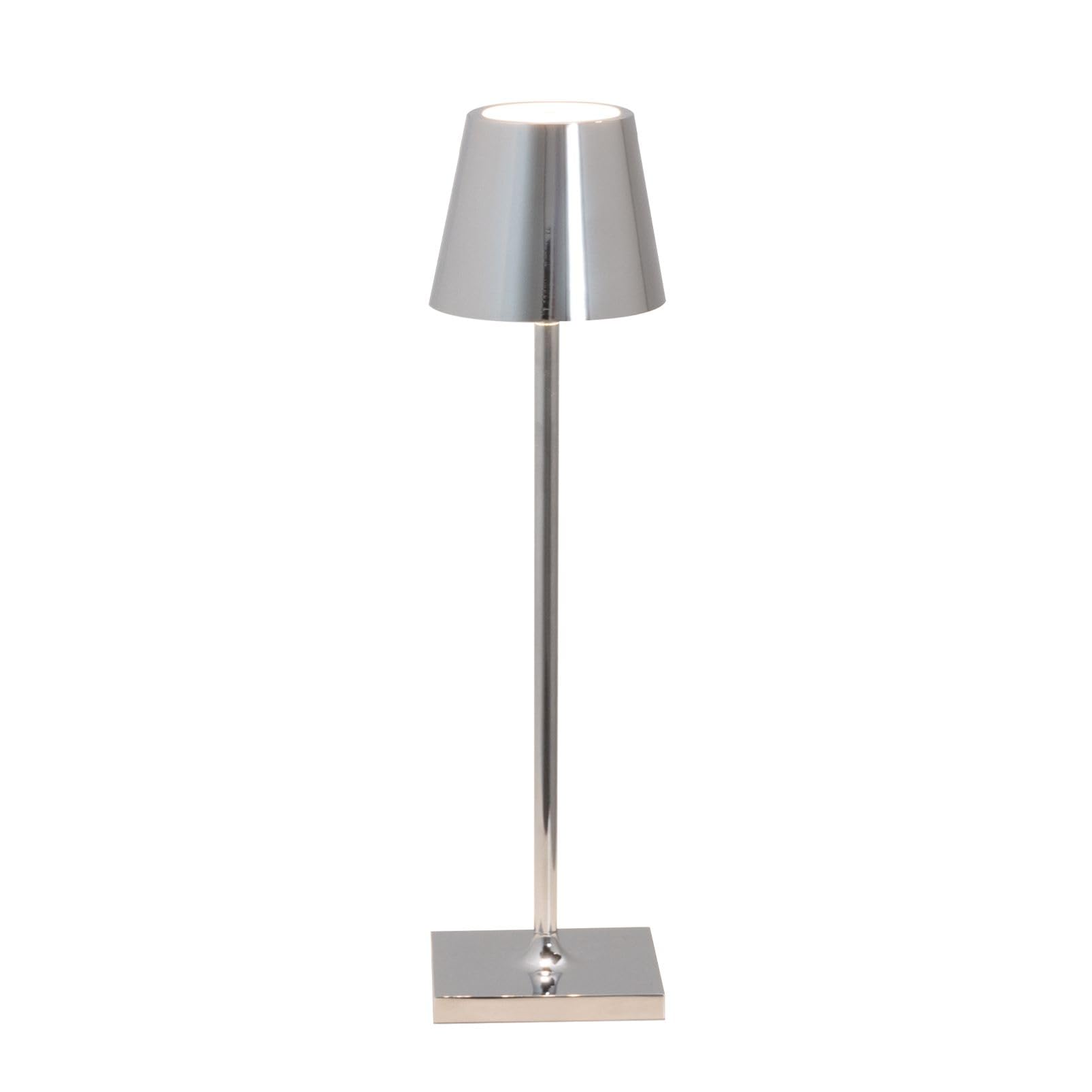 Zafferano, Poldina Micro con Finitura Cromo Lucido, Lampada da Tavolo Ricaricabile e Senza Fili con Controllo Touch, Utilizzabile come Lampada da Interni, Dimmer, 2200-​3000 K, Altezza 27,​5 cm