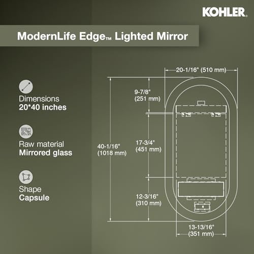 Image of Kohler ModernLife Capsule Lighted Mirror for Bathroom | Wall-Mounted HD Mirror | 100% Silver Coating, Defogger | 3 Color Temperatures & 3 Brightness Levels | 3 Yrs Warranty, 510 x 1018 mm