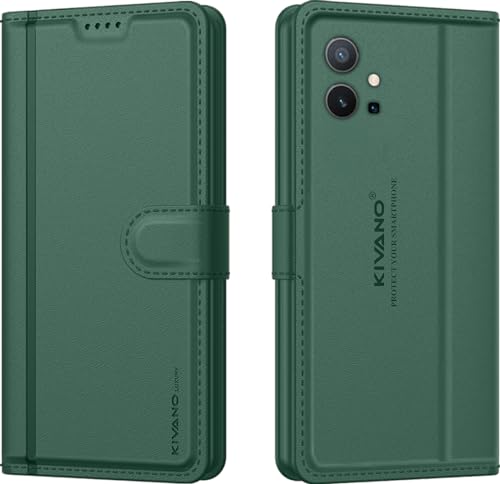 Image of KIVANO LUXE Compatible for Vivo T1 5G / Vivo Y75 5G / iQOO Z6 5G Luxury Handmade Leather Magnetic Flip Folio Case | Card Holder & Kickstand | Slim Protective Cover | Unisex - Green