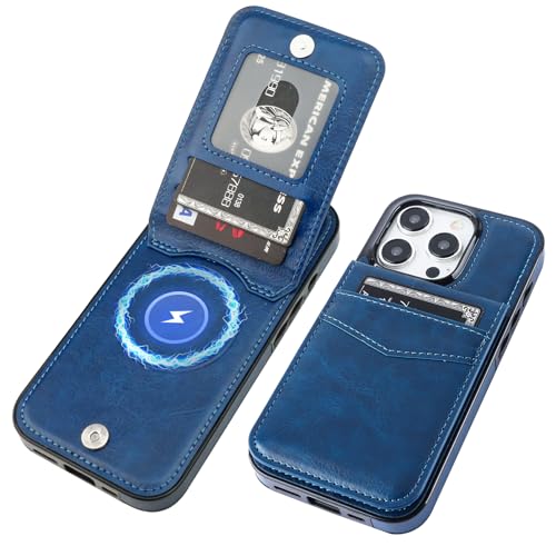 KIHUWEY for iPhone 15 Pro Case Wallet Compatible with MagSafe Wireless Charging, Credit Card Holder, RFID Flip Leather Magnetic Clasp Kickstand Heavy Duty Protective Cover 6.1 Inch (Blue)