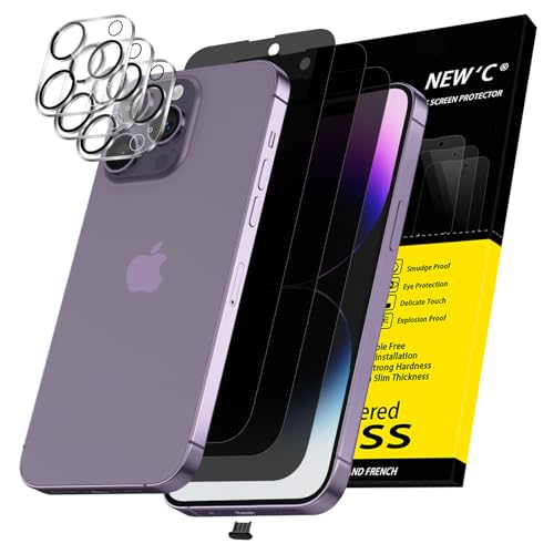 NEWC 3x Privacy for iPhone 14 Pro Screen Protector (6.1 inches)+ 3x Camera Lens Protector Sensor Protection Case Friendly Tempered Glass Film + Dust Plug - Enhanced Privacy Angle of 28 Degrees