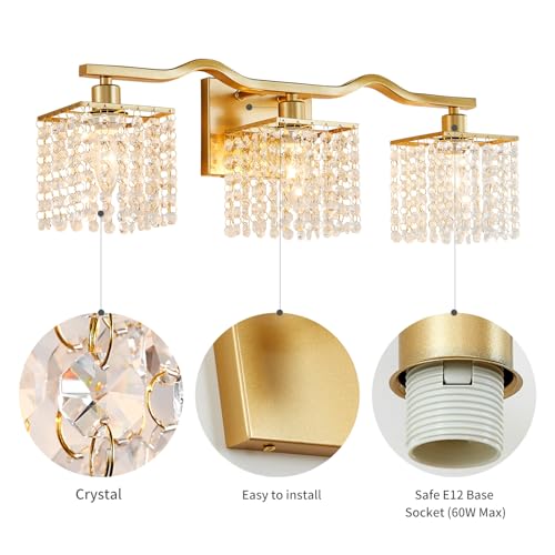 Image of WUZUPS 3-Light Bathroom Light Fixture Over Mirror Morden Vanity Wall Sconces Light Clear Crystal Drop for Bedroom Living Room, E12 Base, Gold