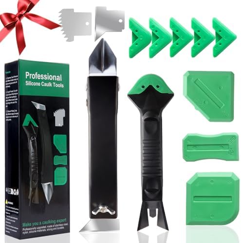 Silicone Caulking Tools – Metal Caulk Remover Scraper with Replaceable Sharp and Serrated Blades, 5 Replaceable Silicone Finishing Pads, 3 Silicone Finishing Tools, DIY Home Repair Kit