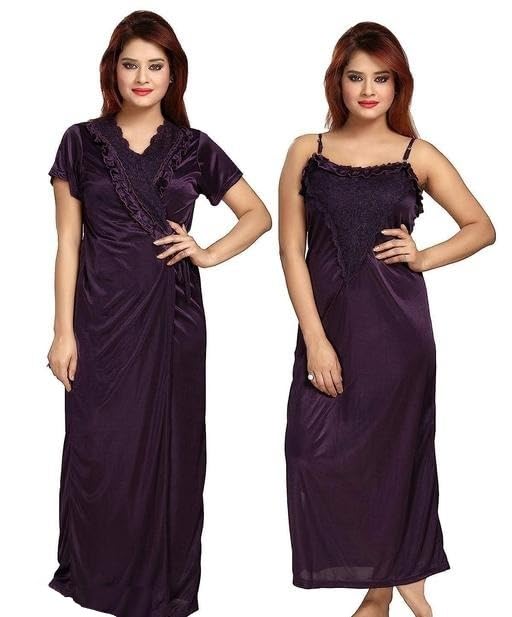 Women Satin Night Gown with Robe | Solid Maxi Length Sleepwear with Lace Detail & Shoulder Straps-picture-13