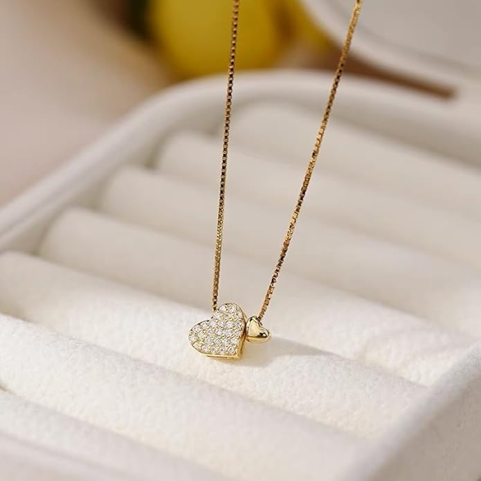 18K Gold Plated Heart Pendant Necklace for Women – Double Heart Charm with Cubic Zirconia, Elegant Box Chain Jewelry - Image 2
