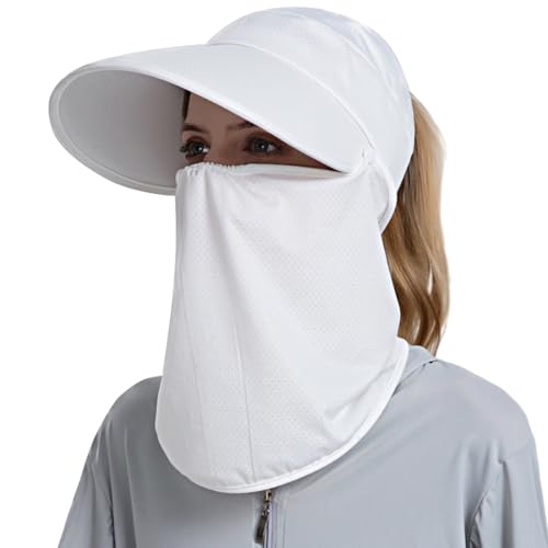 Image of Women Wide Brim Face Mask Sun Hat Detachable Neck Face Flap Ponytail UV Protection Visor Hat Garden Fishing Hiking