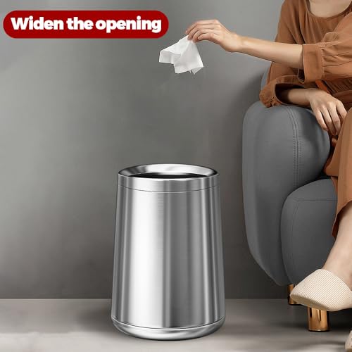 Image of 10L /2.6GAL Silver Stainless Stell Trash Can,Brushed Nickel Bathroom Trash Can,Open Top Garbage Can for Bathroom,Bedroom,Hotel,Kitchen,RV