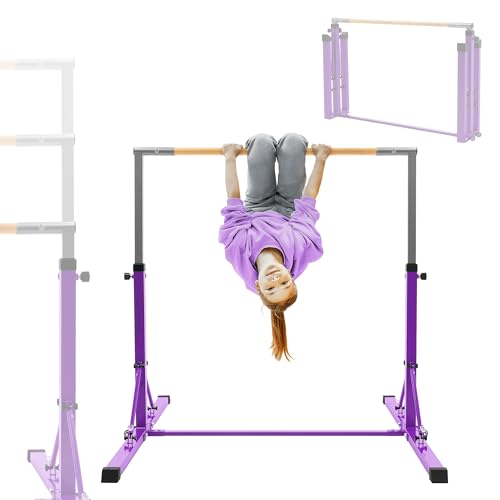 Hauki Barre de Gymnastique Pliable pour Enfants, Lilas, Réglable en Hauteur 95,5-150 cm, Structure en Acier et Support en Bois, Appareil d'entraînement à la...