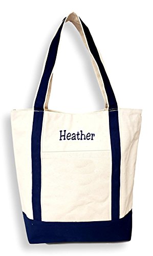 Navy Trim Heavy Cotton Canvas Carry All Shopper Tote Bag - Embroidery Available (Navy Trim with Embroidery Name)
