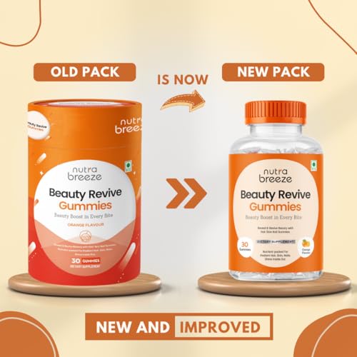 Image of Nutrabreeze Biotin Hair Gummies For Women and Men | Beauty Revive Gummies For Hair Growth, Skin Glow & Strong Nails | Orange Flavour | Biotin For Hair Growth | 30 Day Pack