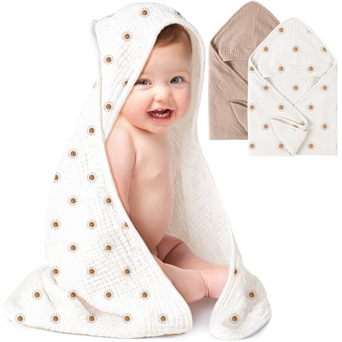 Image of Konssy 2-Pack Muslin Hooded Baby Towels, 100% Cotton, Ultra-Soft & Absorbent Baby Bath Towels with Hood for Newborn & Infant (Camel, Sun,32" x 32")