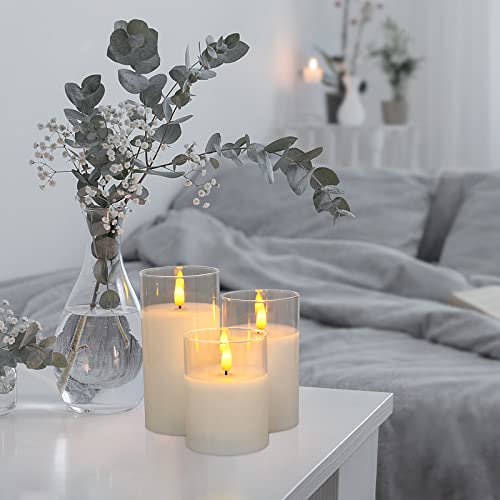 Flickering Flameless Candles, Battery Operated Candles With 10-Key Remote And 2/4/6/8H Timer, Glass Real Wax Led Pillar Candles With Realistic Dancing Flame For Home Festival Decor (Pack Of 3) (White) #TOP1