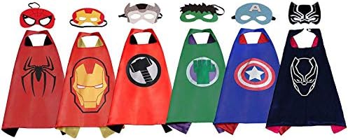 Superhero Capes for Kids, 6 Heroes Satin Capes and Masks for Dress Up Costumes for Boys Girls