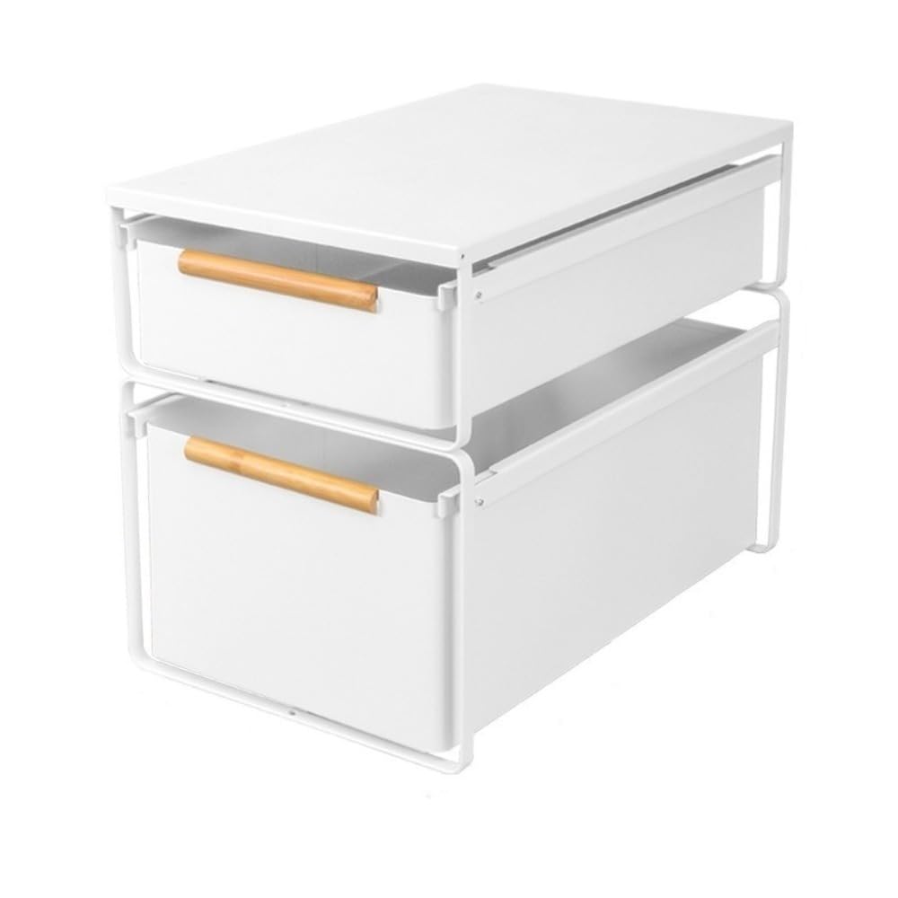 Lirhiqygf Narrow 2-Layer [Short + High + Cover] White Stackable Closet Organizer Drawer, Pull-Out Storage Basket With Wood Handle, Carbon Steel Wardrobe Bin (Narrow 2-Layer [Short + High + Cover] White)
