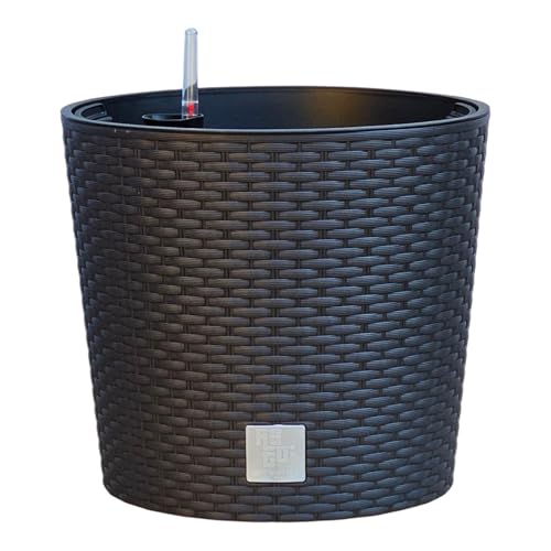 HappyFlower Blumentopf rund mit Innentopf – Pflanzkübel aus Kunststoff in Rattan-Optik, für Innen & Außen, Übertopf Verschiedene Größen & Farben erhältlich, (Äußerer ∅ Oben 30 cm, Braun)