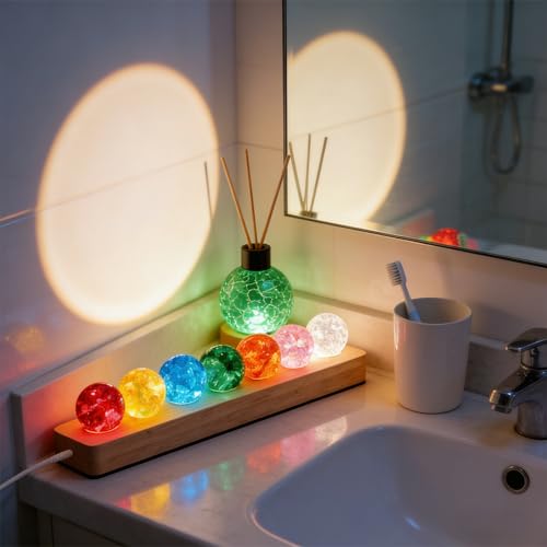 7 Stück 3D Kristallkugel Nachtlicht, Glaskristallkugeln mit LED Holzsockel, Planeten Lampe mit Holzsockel, Glaskugel Lampe, LED Ball Lampe für Zuhause, Zimmer und Büro, Geschenk für Freunde, Lehrer
