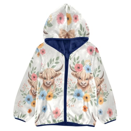 Cute Highland Cows Floral Pattern Toddler Fleece Jacket Girl Boys Hooded Fleece Jacket Coat Warm Outwear Zip-up 3-10T