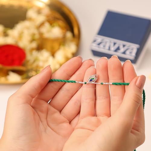 Image of ZAVYA 925 Sterling Silver Oxidised Plated Peacock Silver Rakhi | Rakhi for Brother | Happy Rakshabandhan | With Certificate of Authenticity and 925 Hallmark