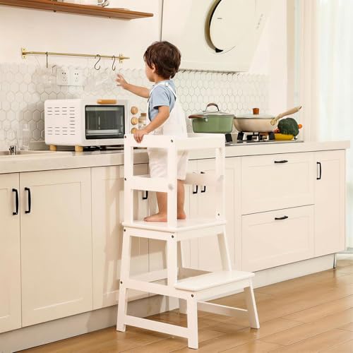 Image of Joylico Kitchen Step Stool for Kids with Safety Rail,Solid Wood Construction Toddler Learning Stool Tower, Montessori Toddlers Kitchen Stool (White), LT007